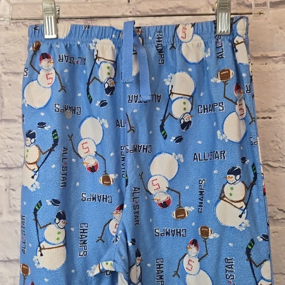 Boys Flannel Pajama Bottoms Sporty Snowman Football Hockey Player Winter PJ Pant