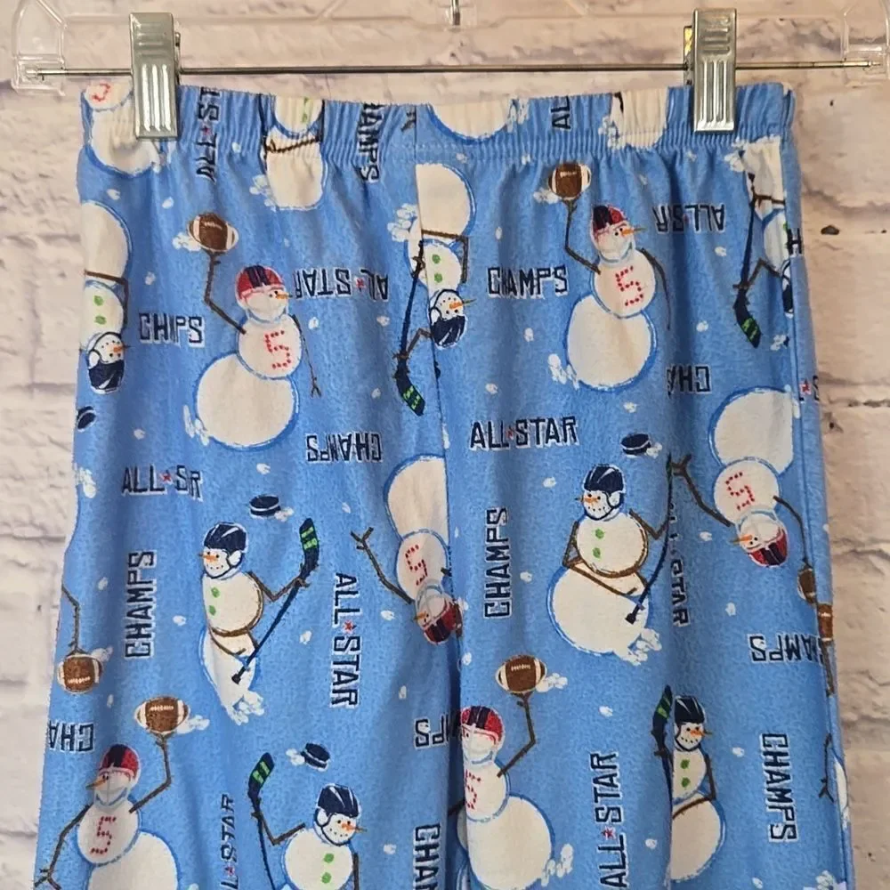 Boys Flannel Pajama Bottoms Sporty Snowman Football Hockey Player Winter PJ Pant