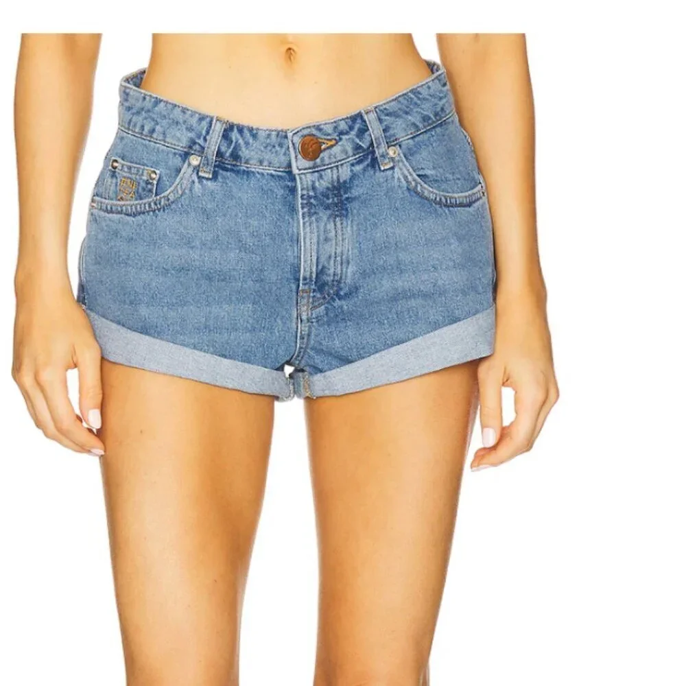 One Teaspoon Bandits Denim Jean Shorts Button Fly Twisted Distressed Blue 28