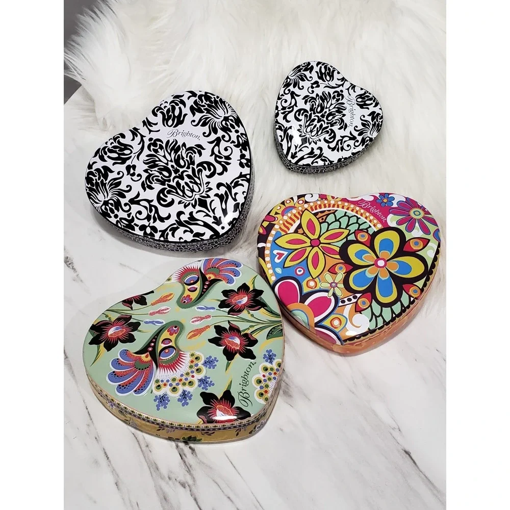 Lot of 4 Brighton Tins Heart Shaped  EMPTY‎ jewelry gift metal boxes
