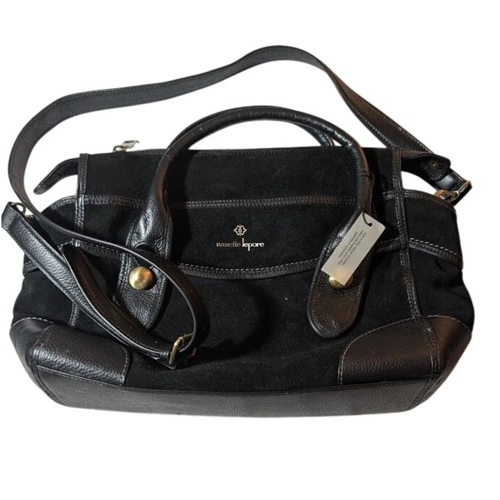 Nanette Lepore Black Suede & Leather Satchel Crossbody‎ Bag Purse Designer