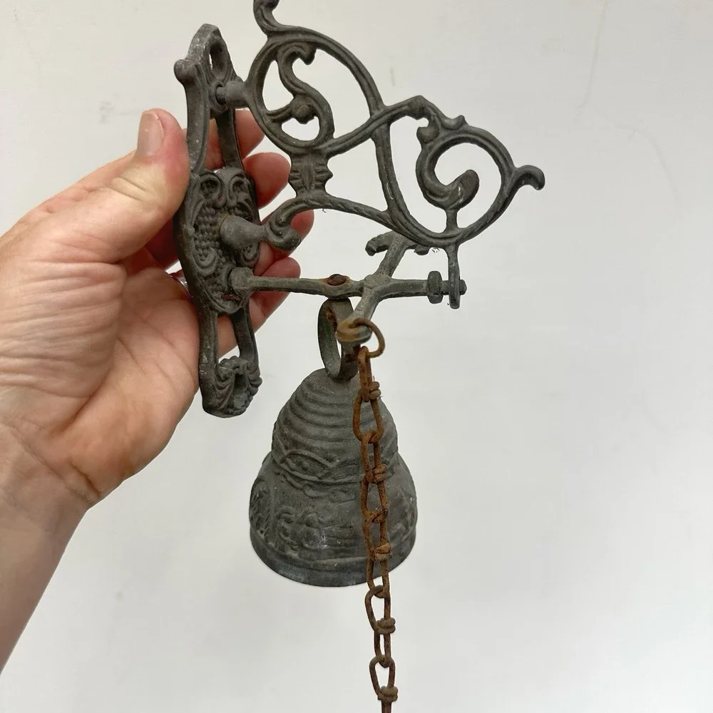 Vintage Brass Wall-Mounted Door Monastery Bell W/ Chain & Pull Handle Patina