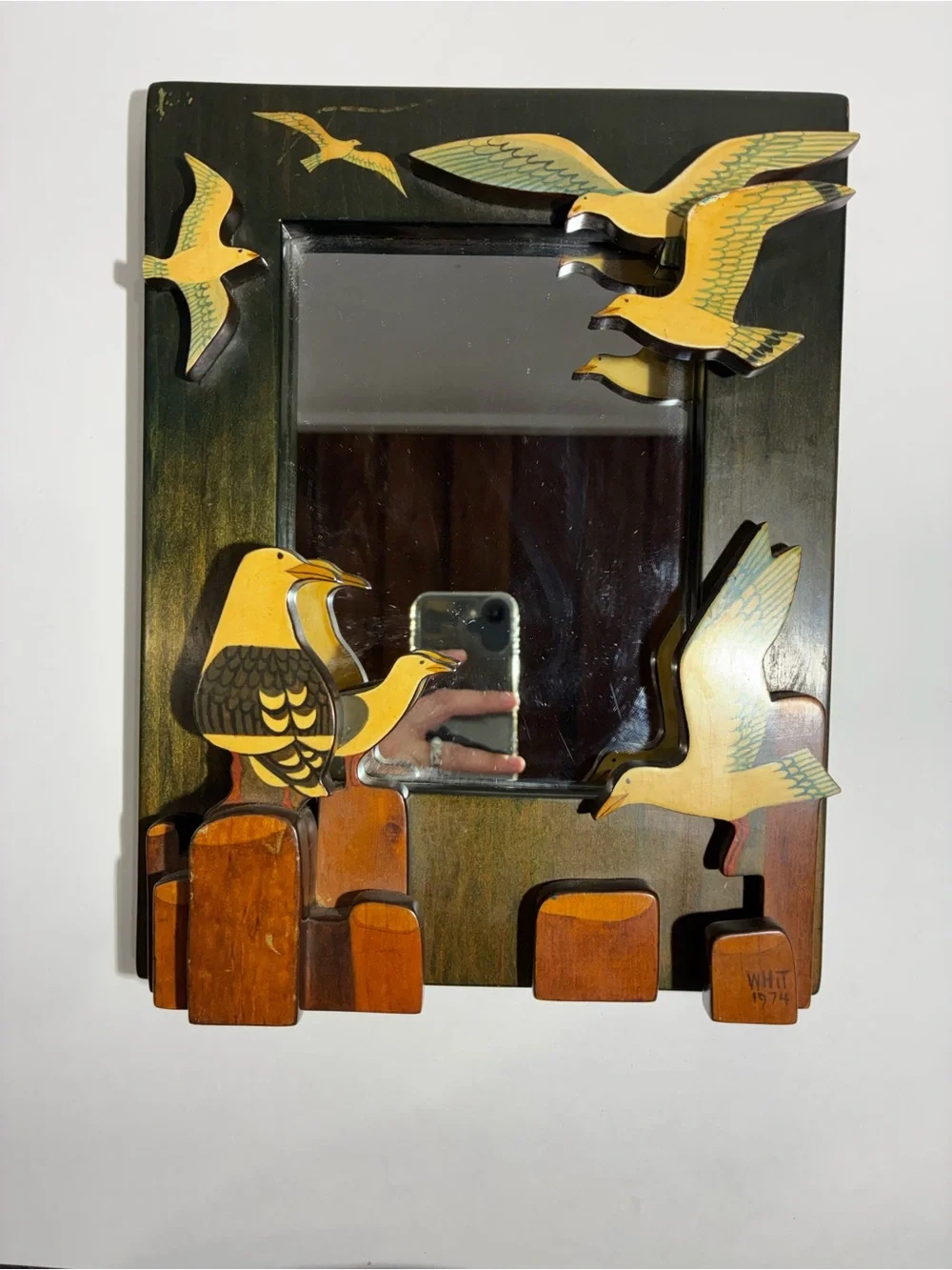 Vintage 1974 Signed WHiT Folk Art Wood Seagull Wall Mirror Hand Painted Decor