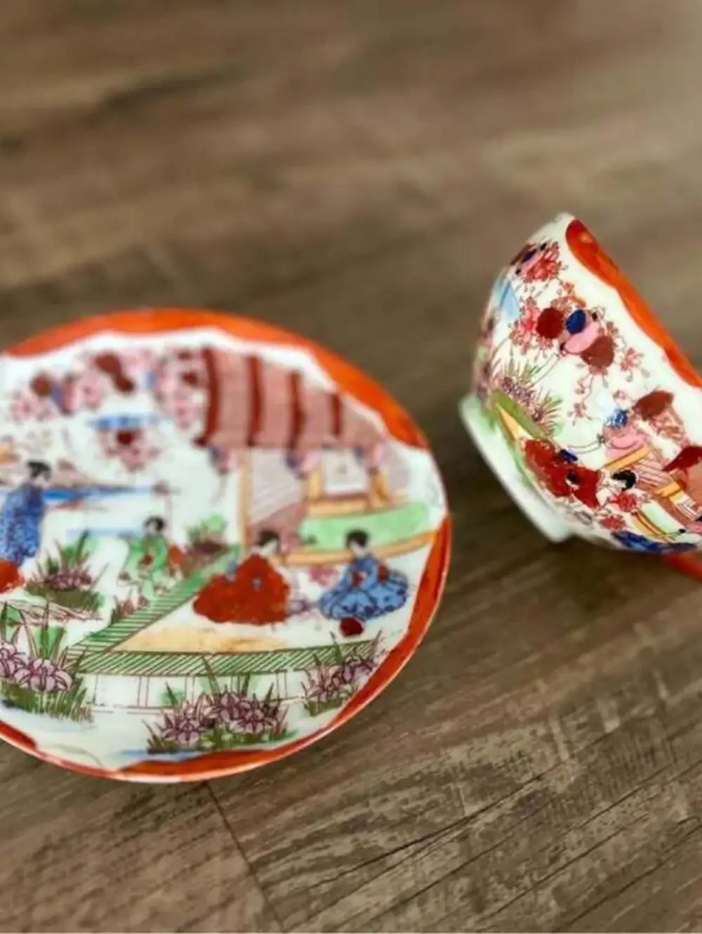 Vintage Japanese Kutani Porcelain Teacup and Saucer Set