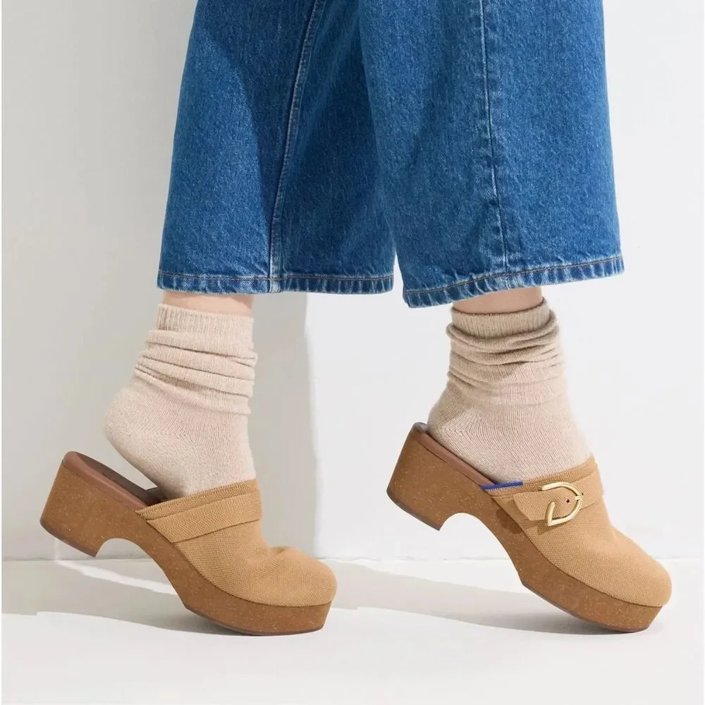 ​Rothy's The Buckle Clog Wren Boucle Tan Camel Women's Size 9.5 Mule Wedge Shoes
