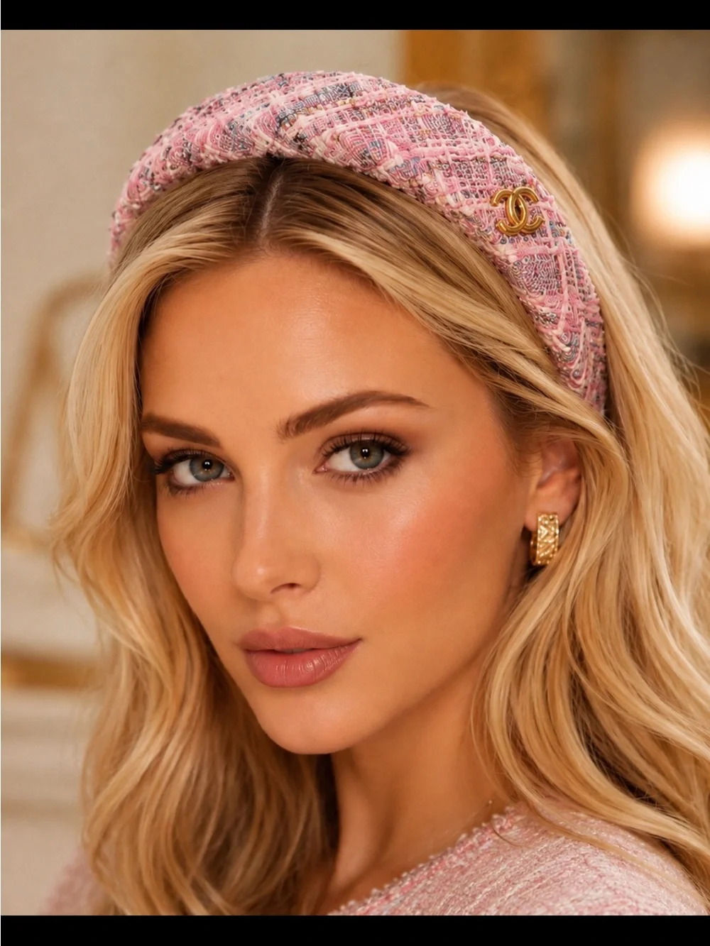 FASHION Set of 2  White  and Pink Tweed Padded Headband with Gold Accent