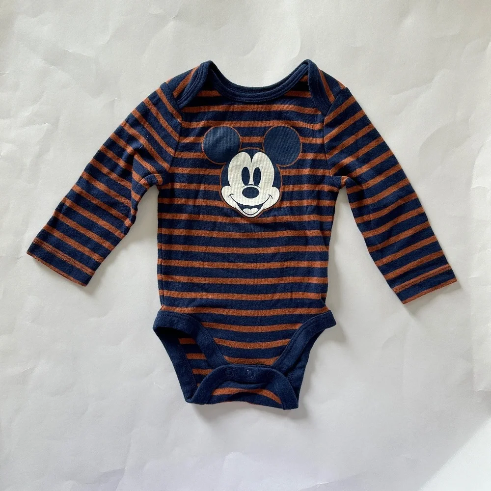 Like New Baby Boy Mickey Mouse Onesie Size 6M Disney Long Sleeve Stripe