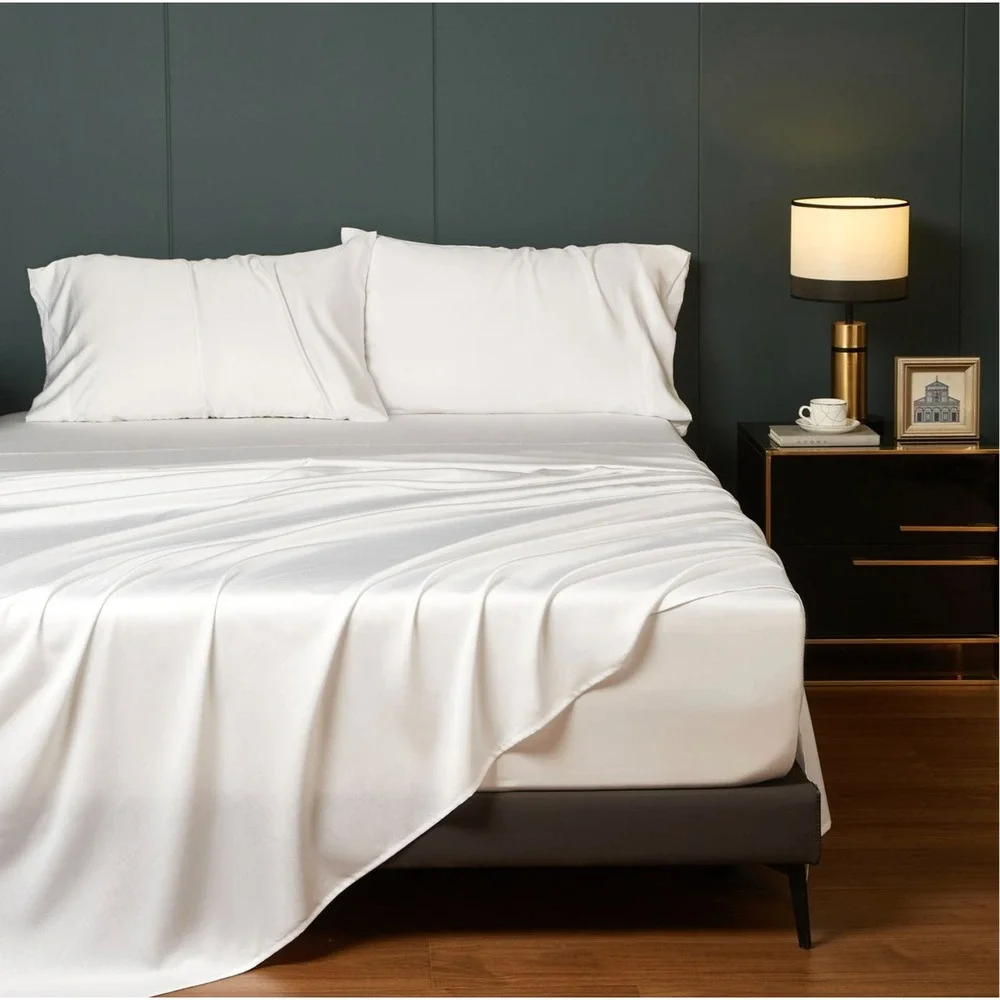 White Tencel Sheet Set with Pillowcase King Modern‎ Quiet Luxury Minimalist Chic