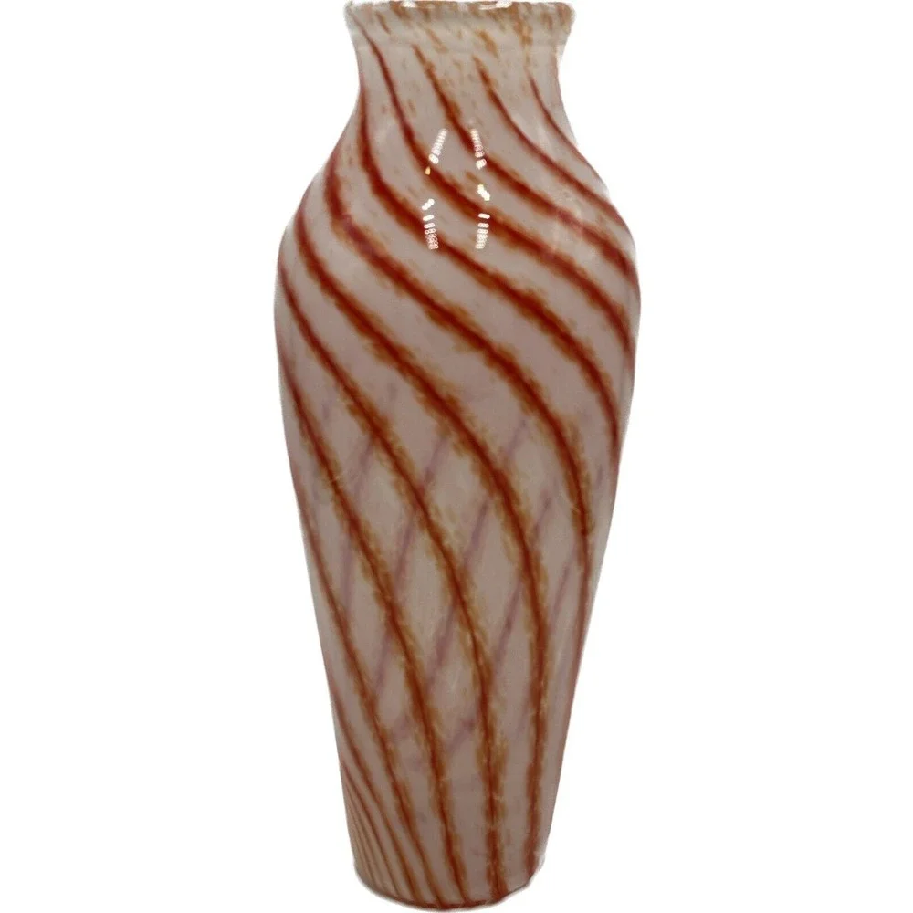 Vtg MCM Art Glass Vase White Burnt Orange Swirl Design Opaline? 12