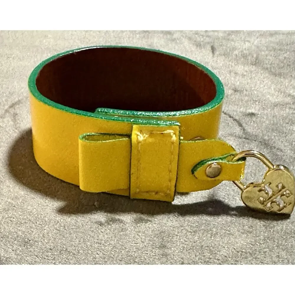 Tory Burch Yellow Leather Cuff Bracelet Heart Logo Charm Made in USA Adjustable