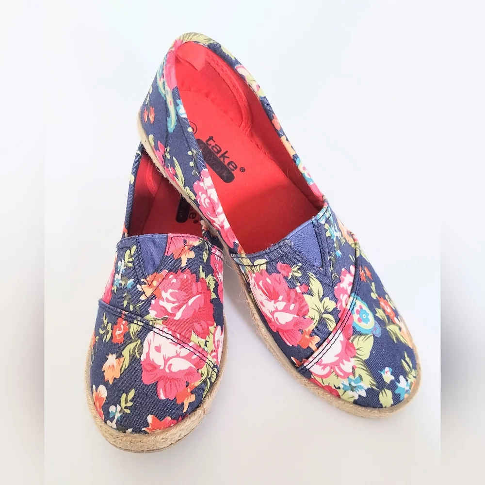 Take A Walk Floral Print Espadrile Flats Blue Pink Size 8