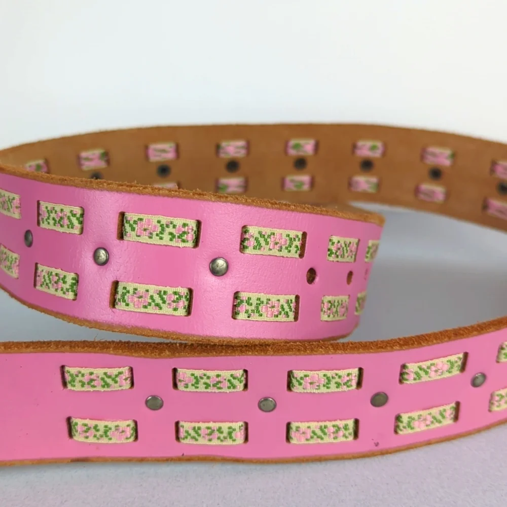 Women's Pink Leather Woven Ribbon Belt