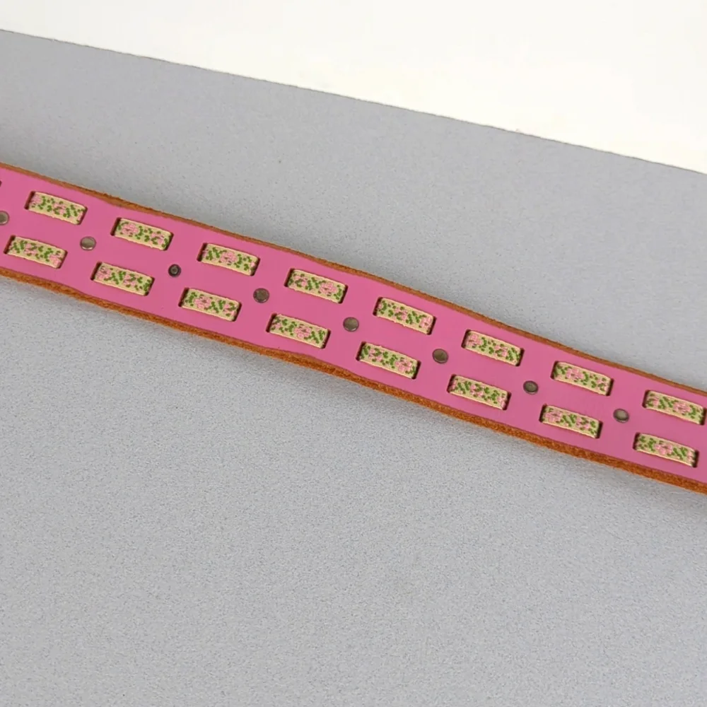 Women's Pink Leather Woven Ribbon Belt