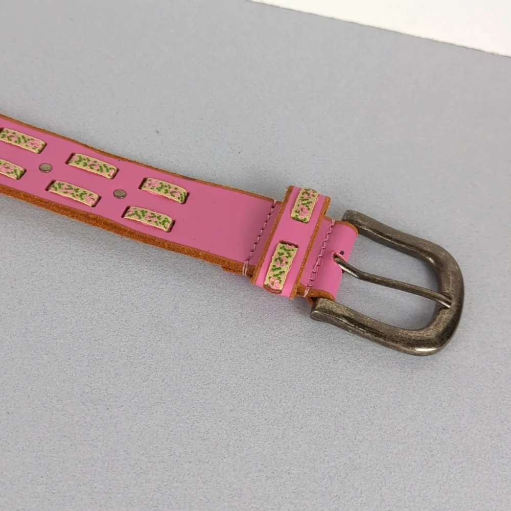 Women's Pink Leather Woven Ribbon Belt