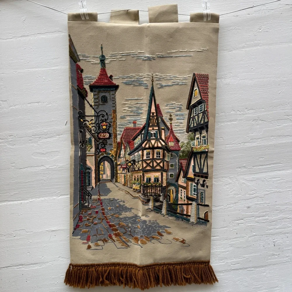 Vintage 1970s West Germany Wall Hanging Tapestry Linen Embroidered Village Paint