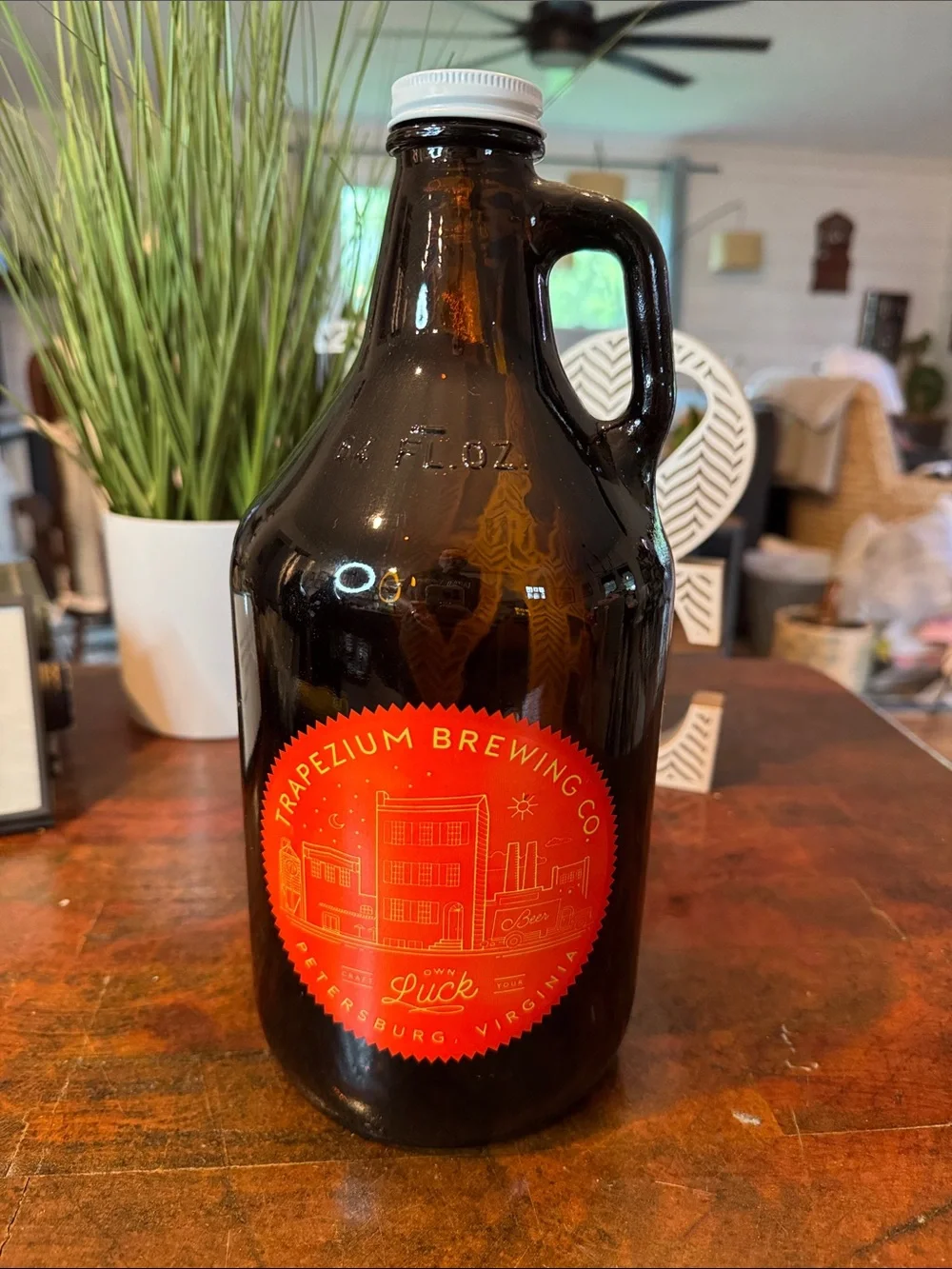 Amber Glass Growler with Red Label