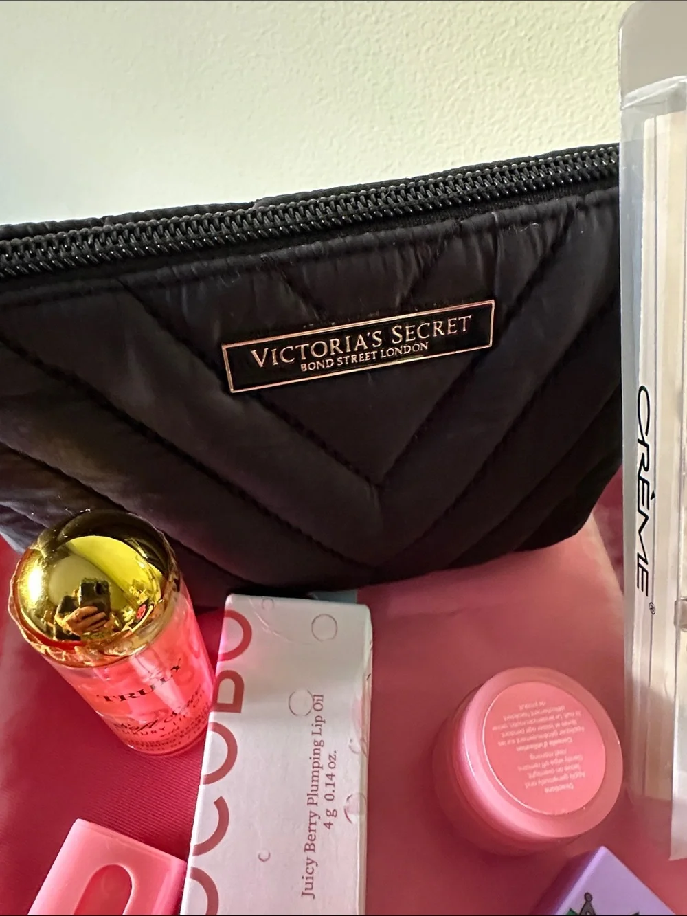TRULY Pink and Black Quilted Wristlet Pouch with Assorted Pink Accessories