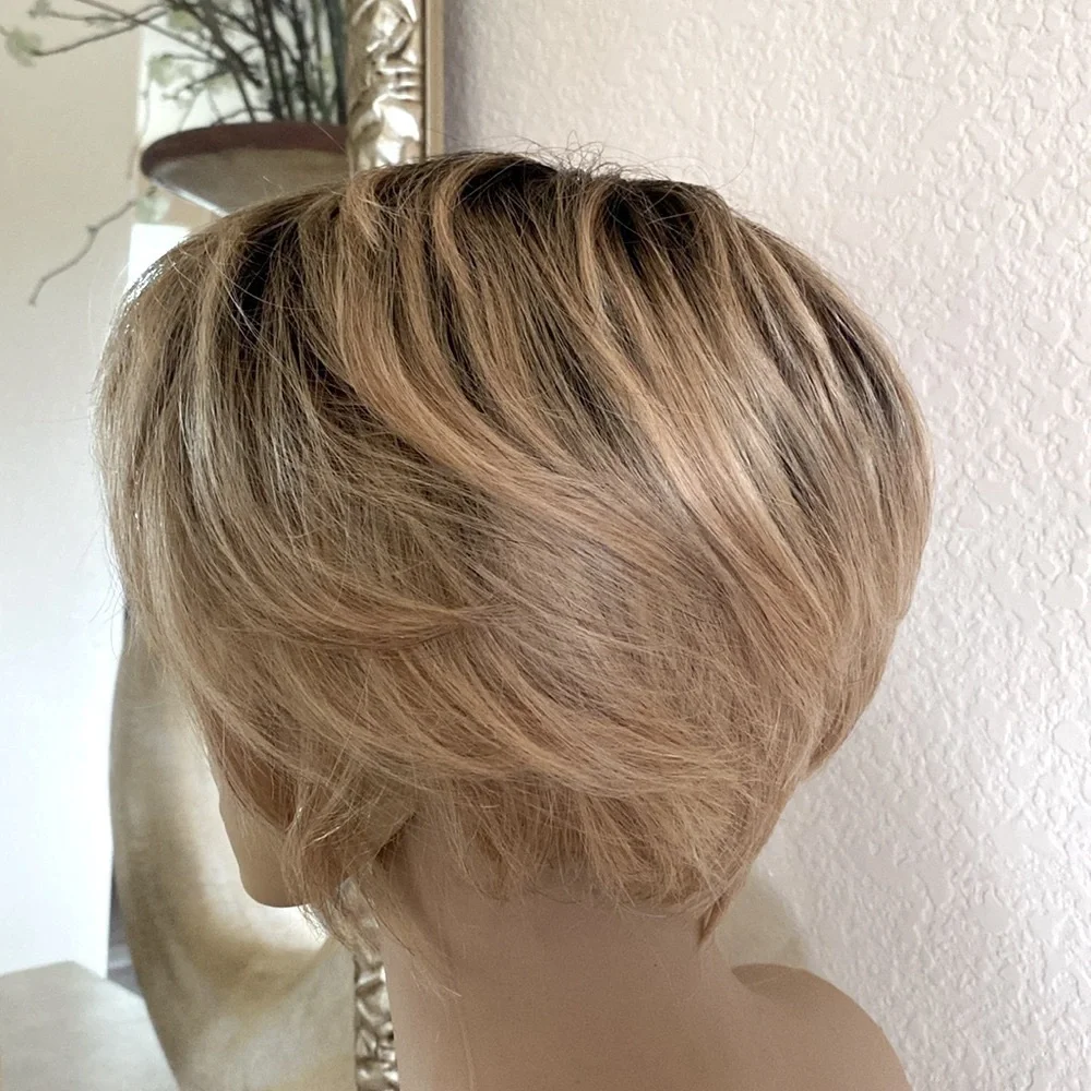 Honey Blonde Tapered Pixie Bob Dark Roots Synthetic Wig Feminine One Size Chic