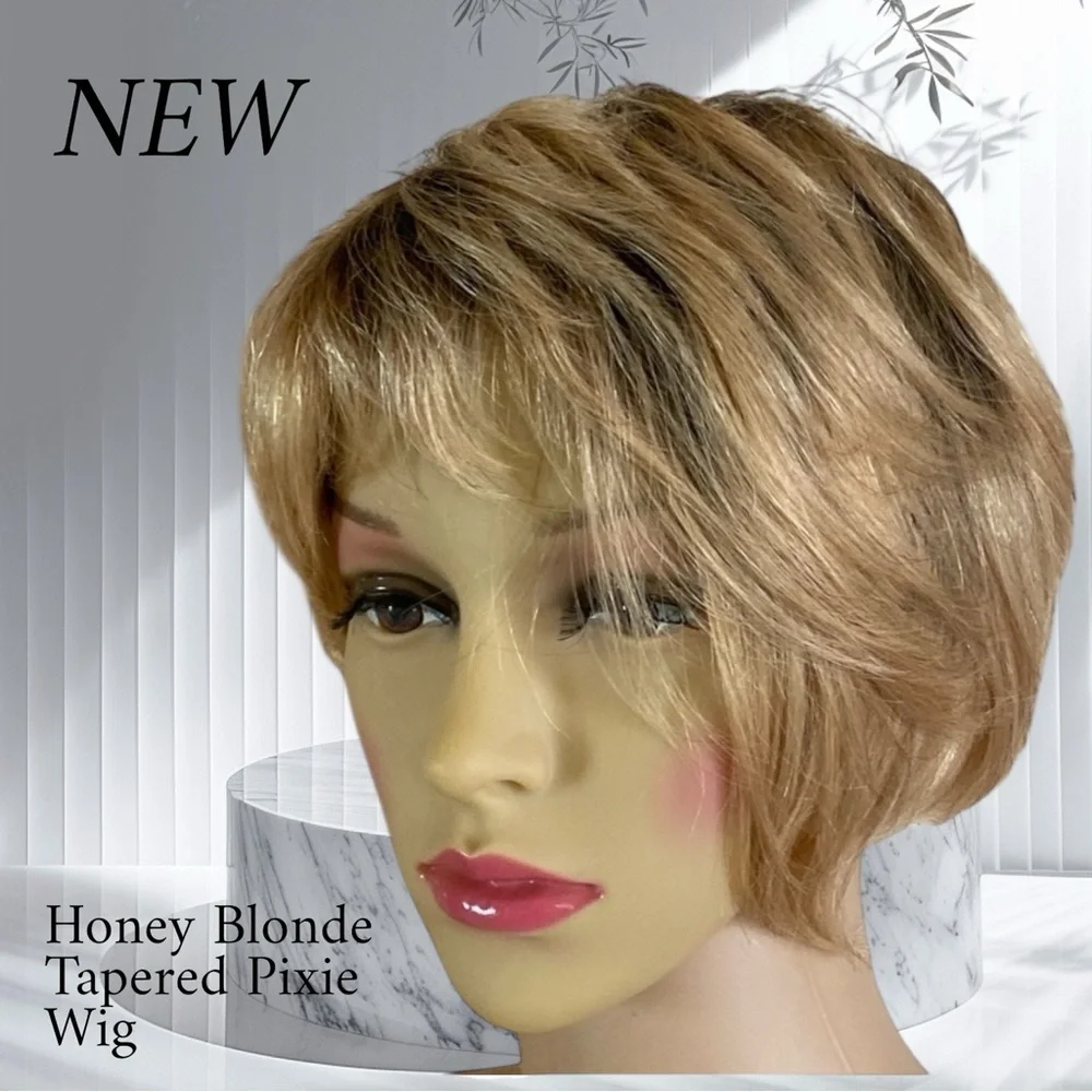 Honey Blonde Tapered Pixie Bob Dark Roots Synthetic Wig Feminine One Size Chic