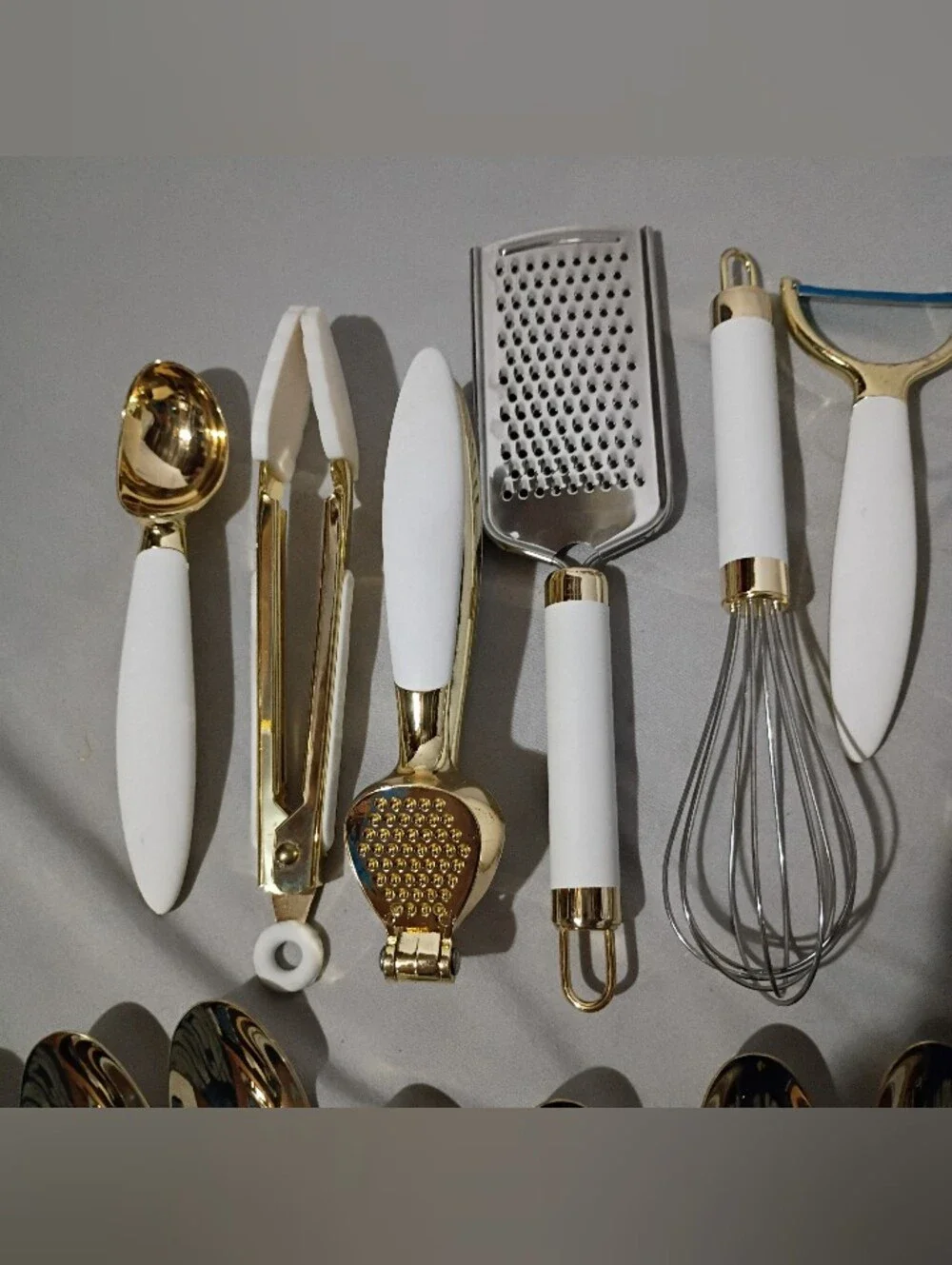 Gold Stainless Steel Flatware Set with White-Handled Kitchen Tools 27 Pieces