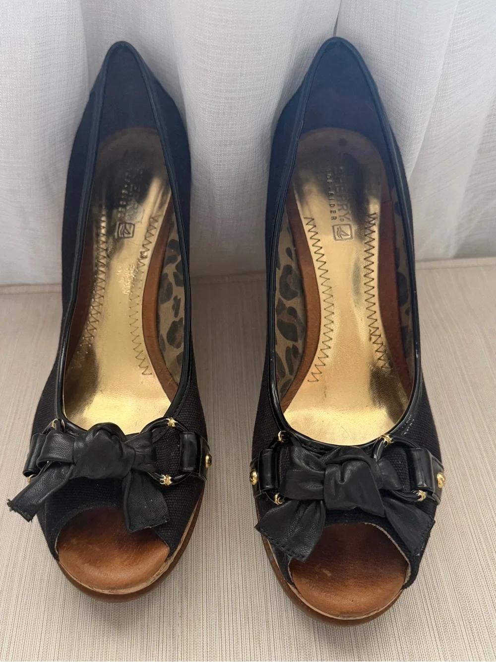 Sperry Top-Sider Black Peep-Toe Bow Cork Wedge Heels | 8.5