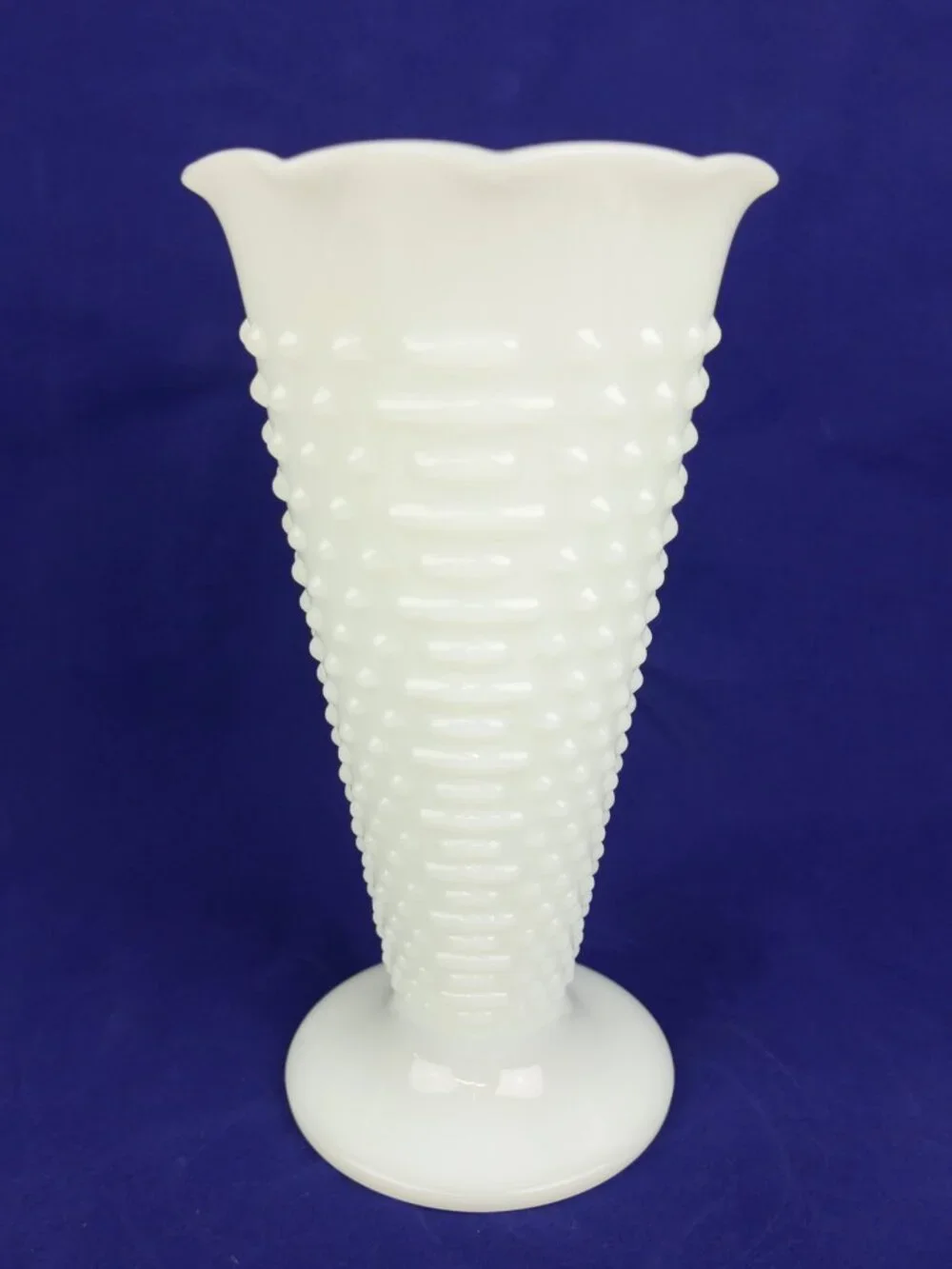 Vintage Anchor Hocking Milk Glass Vase Hobnail Dot & Dash White Scalloped 9