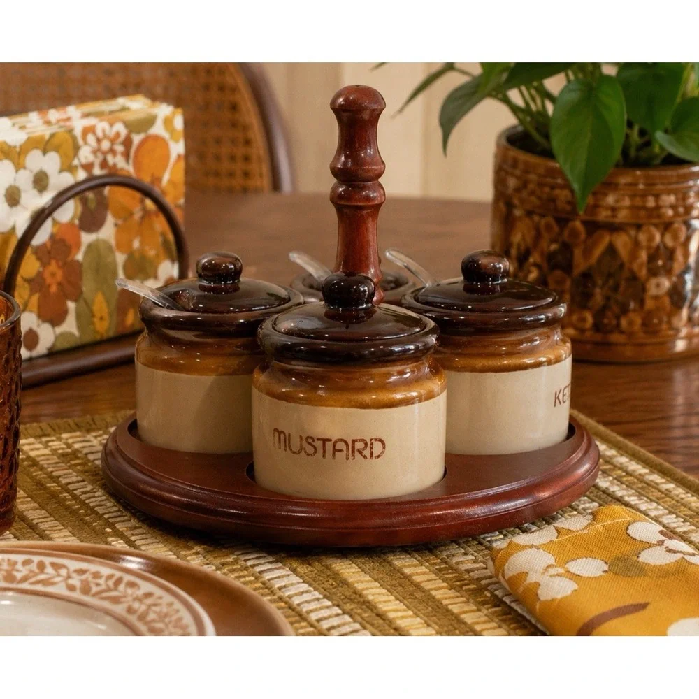 Vintage Stoneware Condiment Set w/4 Covered Labeled Jars & Spoons on Lazy‎ Susan