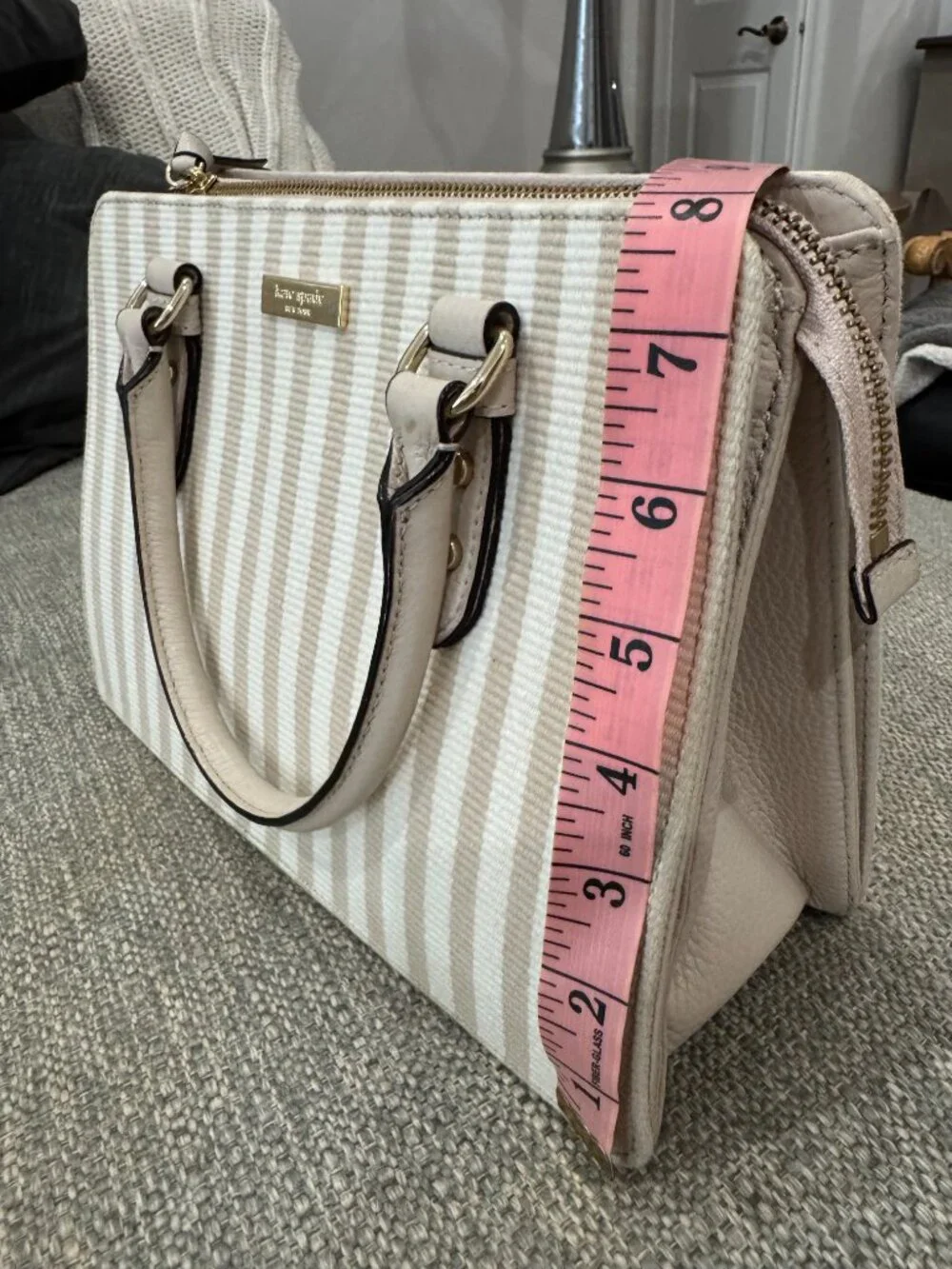 Kate Spade Lise Mulberry Satchel Beige Stripe Canvas Leather Top Handle Bag
