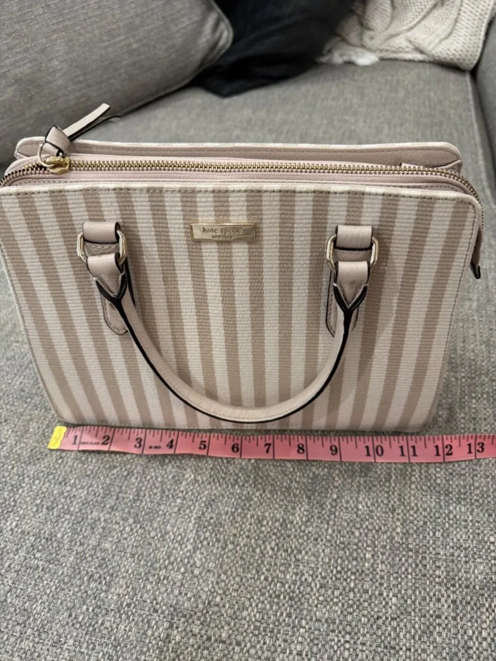 Kate Spade Lise Mulberry Satchel Beige Stripe Canvas Leather Top Handle Bag