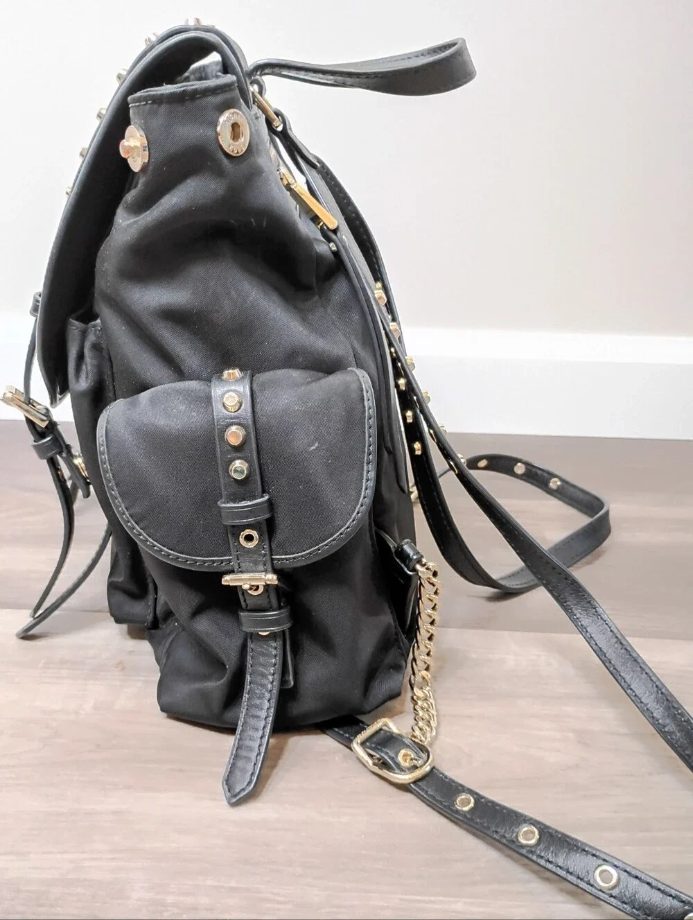 Michael Kors Classic Casual Black Nylon Leather Gold Studded Cargo Backpack‎ Bag
