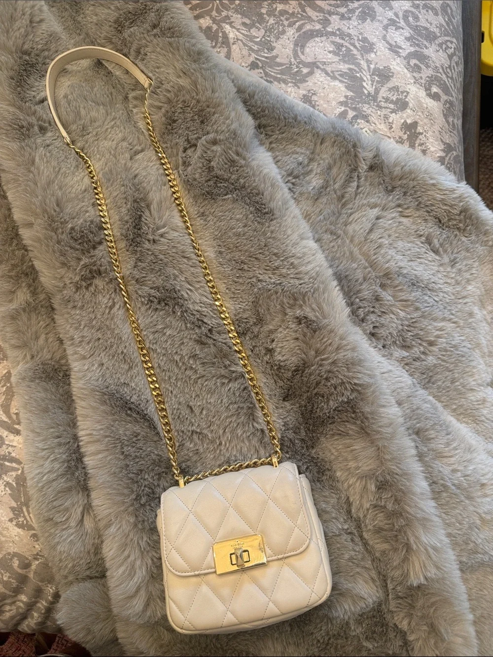 kate spade Carey Cream Quilted Crossbody with Gold Chain..Micro