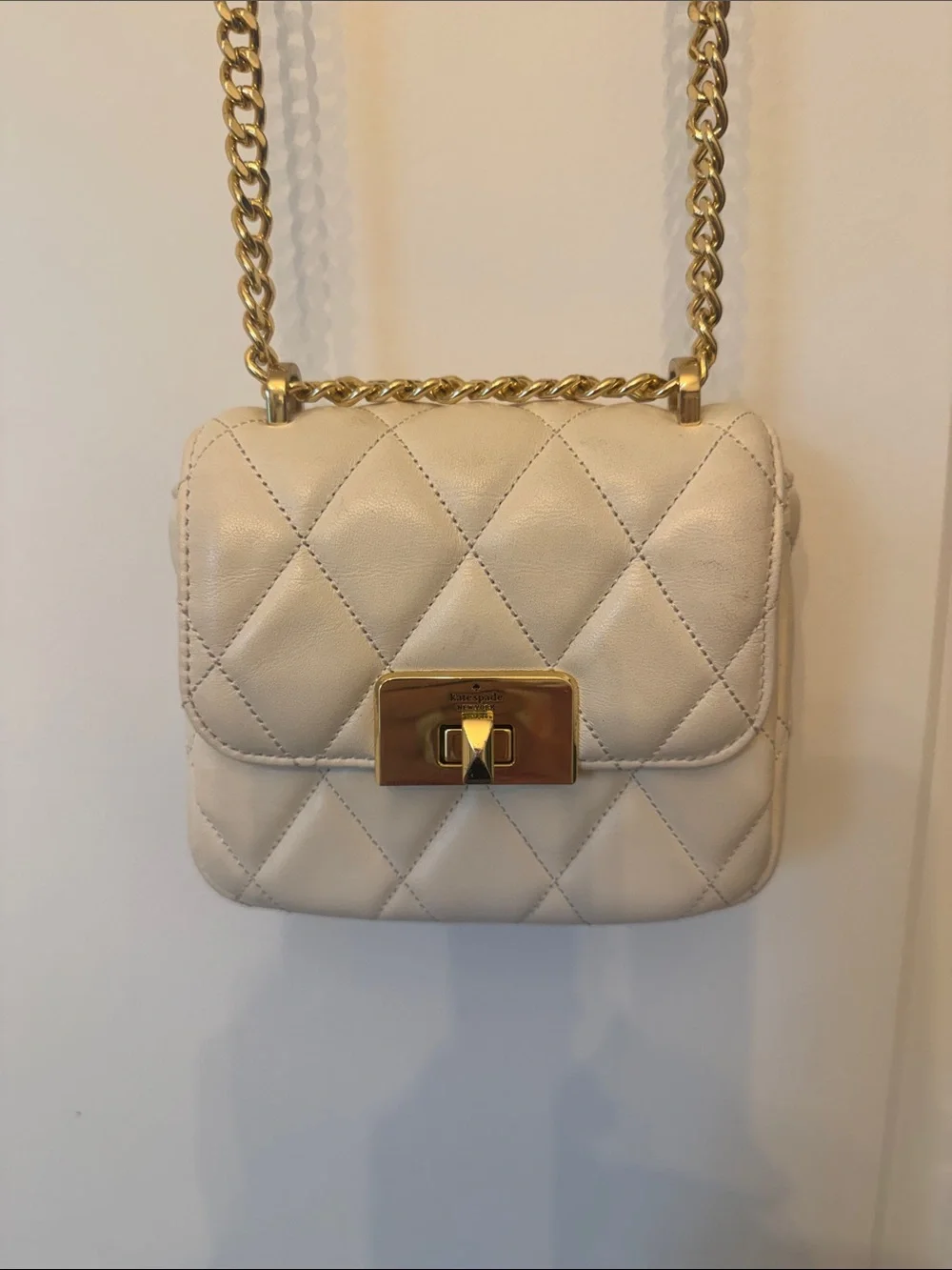 kate spade Carey Cream Quilted Crossbody with Gold Chain..Micro