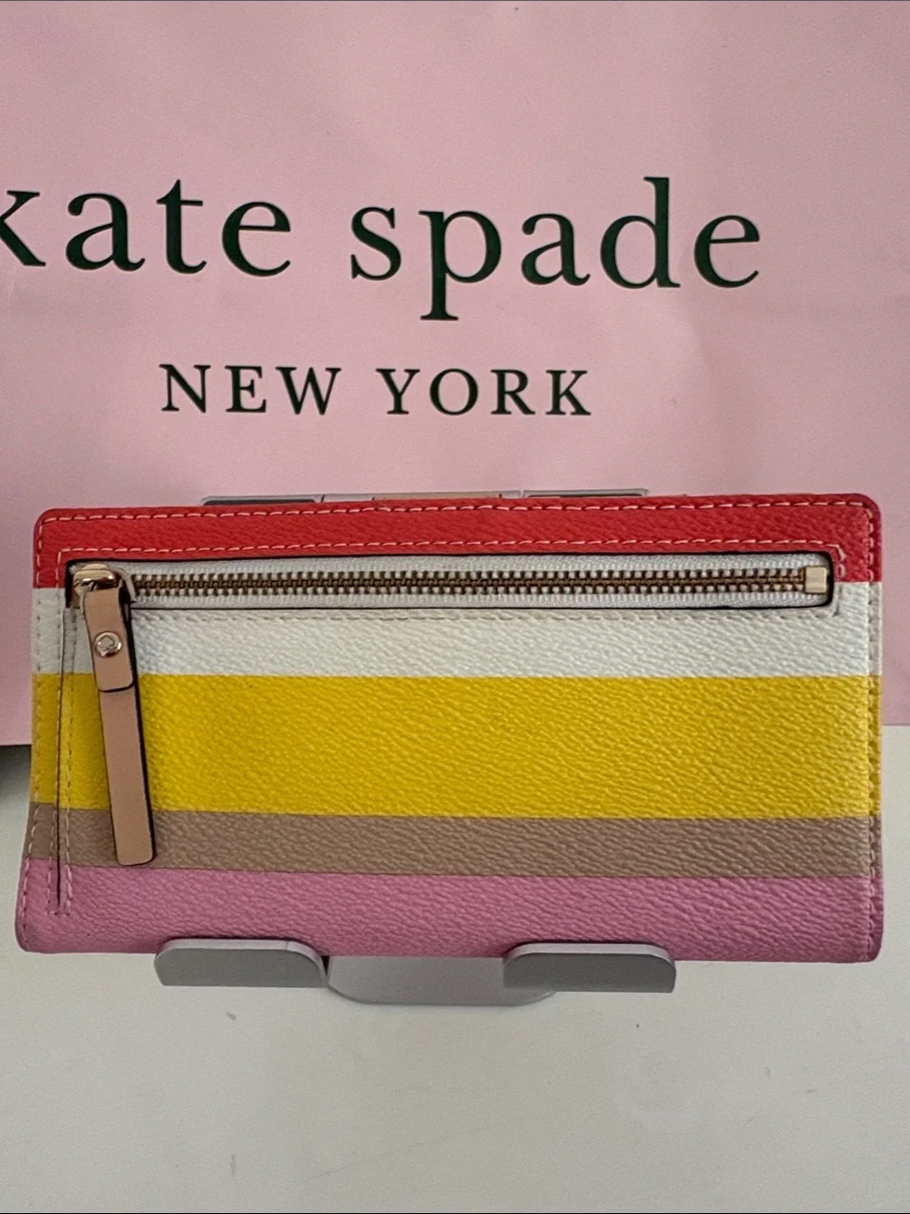 kate spade Multicolor Striped Leather Wallet - Red, White, Mint, Blue, Tan