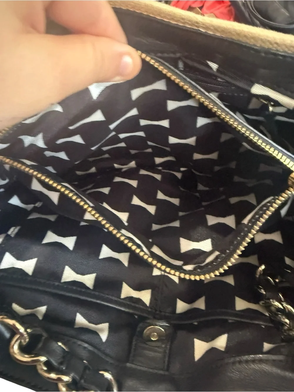 kate spade Beige Woven Shoulder Bag with Black Bow and Chain Straps