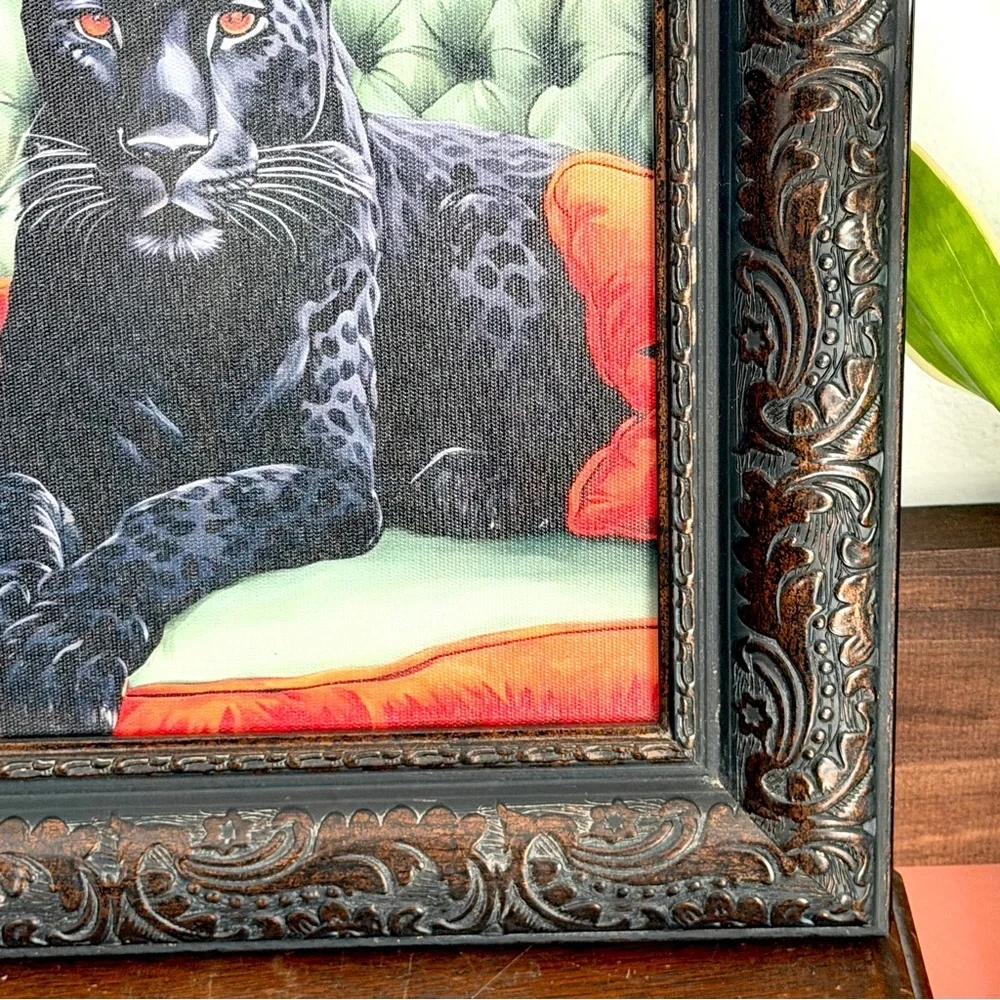 Fancy Black Panther on Vintage Couch Moody Floral Canvas Art Print Ornate Frame