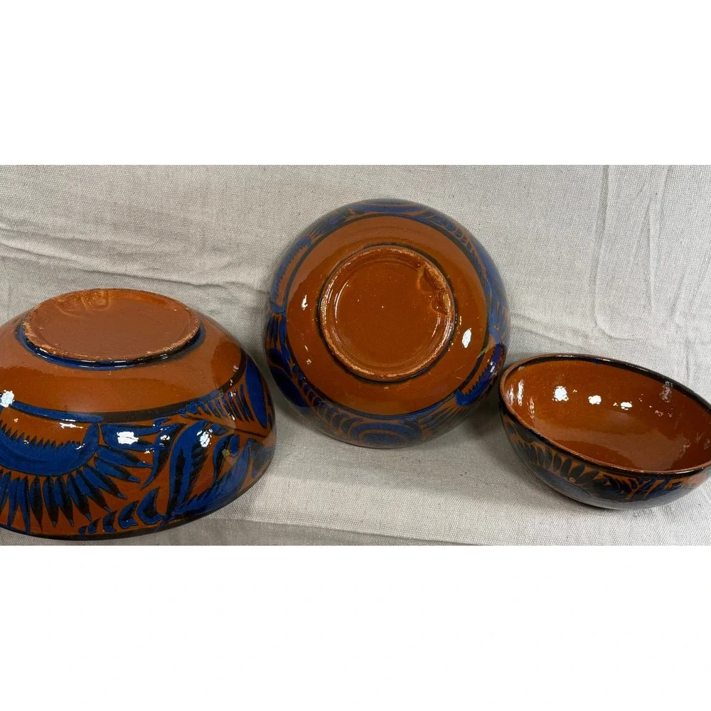 Vintage Handmade Mexican Tonala Pottery Nesting Bowls Set of 3 Terracotta Blue
