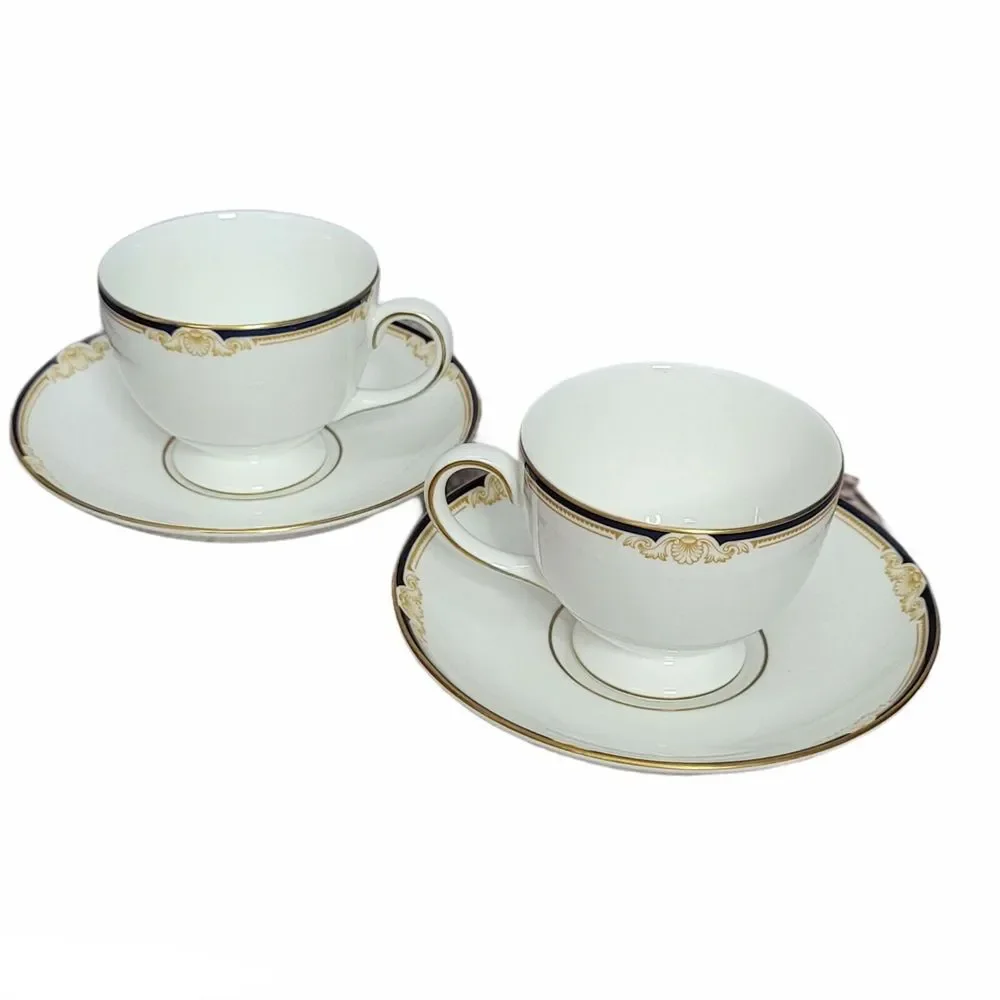 Wedgwood Cavendish Bone China Tea Cup and Saucer Set of 2 Navy Gold England‎
