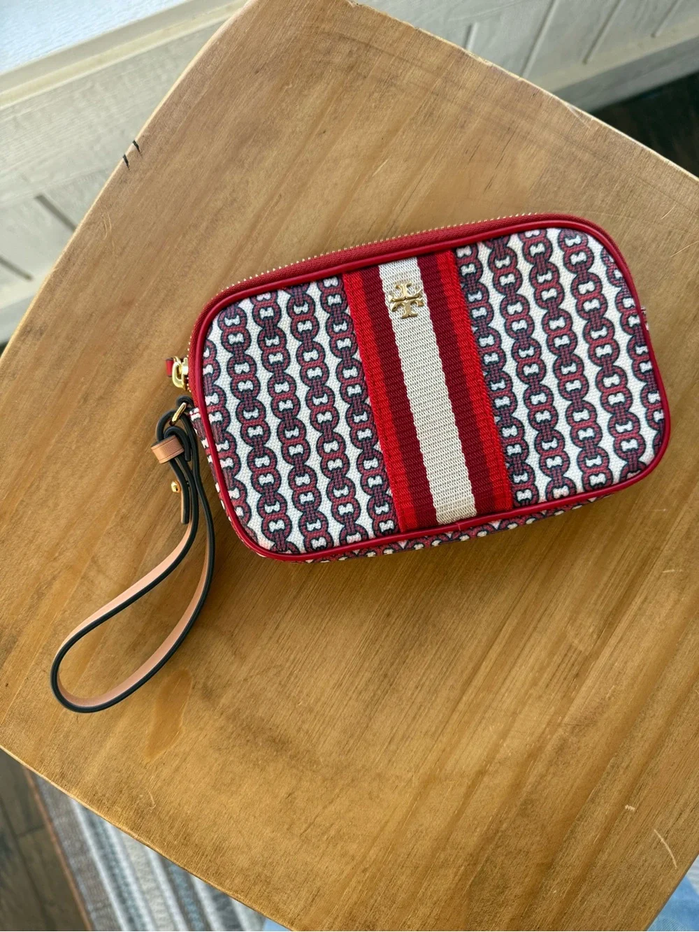 Tory Burch Gemini Link Canvas Zip Wristlet Pouch Liberty Red