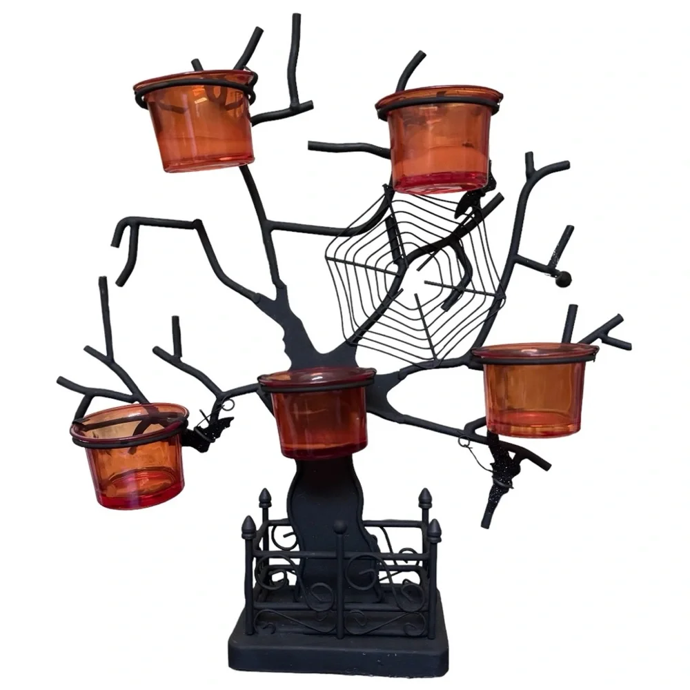 Pottery Barn Black Spooky Halloween Tree Candle Holder Luminary