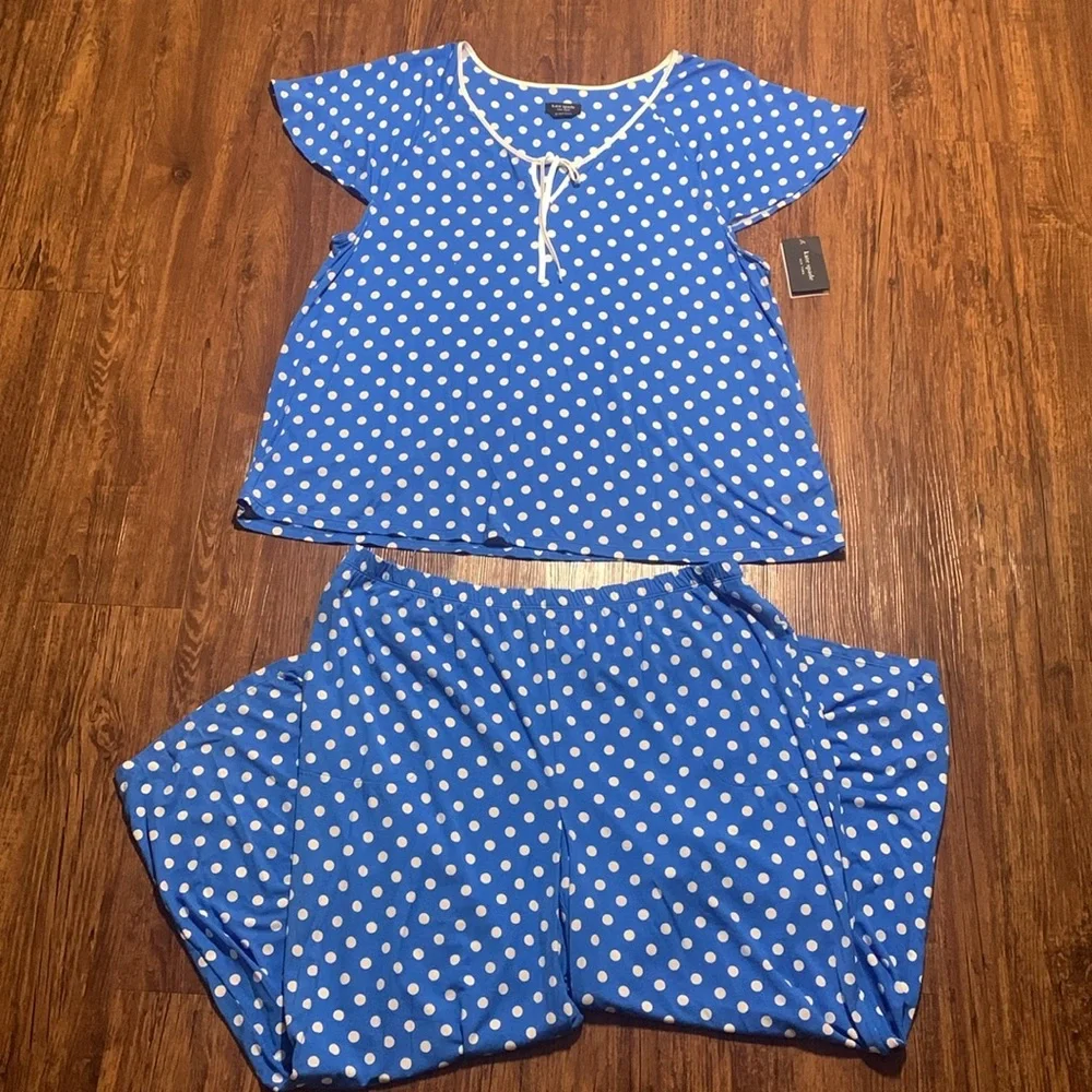 Kate Spade Pajamas 2-Piece Top Pants Set Sz 2X Blue White Polka Dot NWT