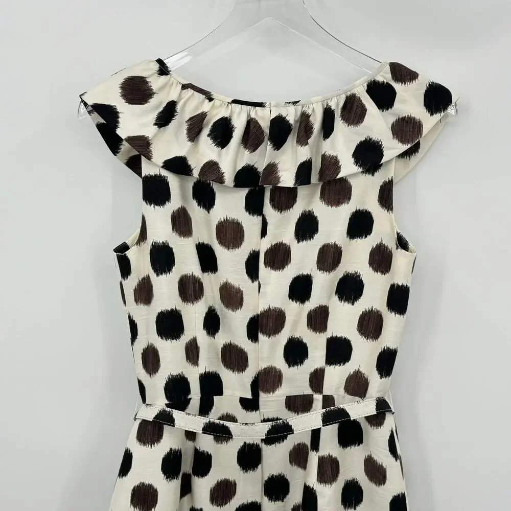 Kate Spade dress 100% silk ruffle collar belted polka dot sheath brown cream 6