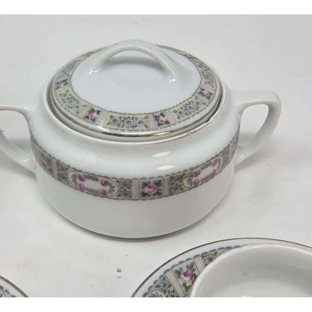 KPM Germany Antique‎ Porcelain Tea Set Creamer Sugar 2 Cups Saucers Rose 1900s