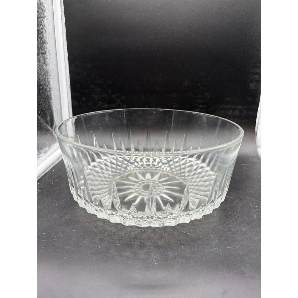 Vintage Clear Pressed Glass Starburst Diamond Cut Serving Bowl Centerpiece 8.5in