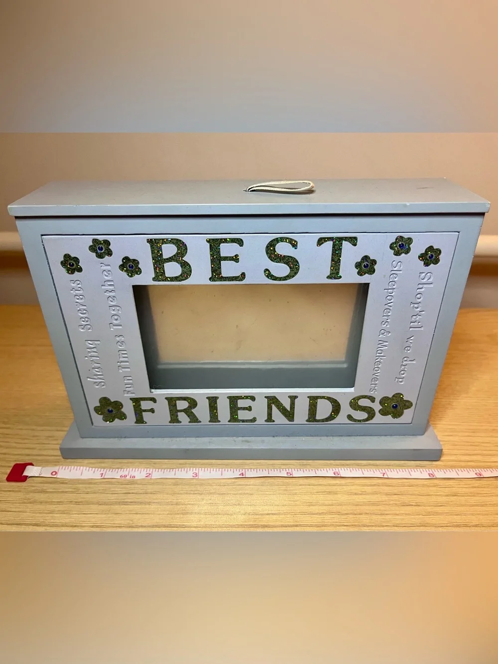 Vintage Wooden Best Friends Photo Box Flip Album Memory Storage Blue Y2K