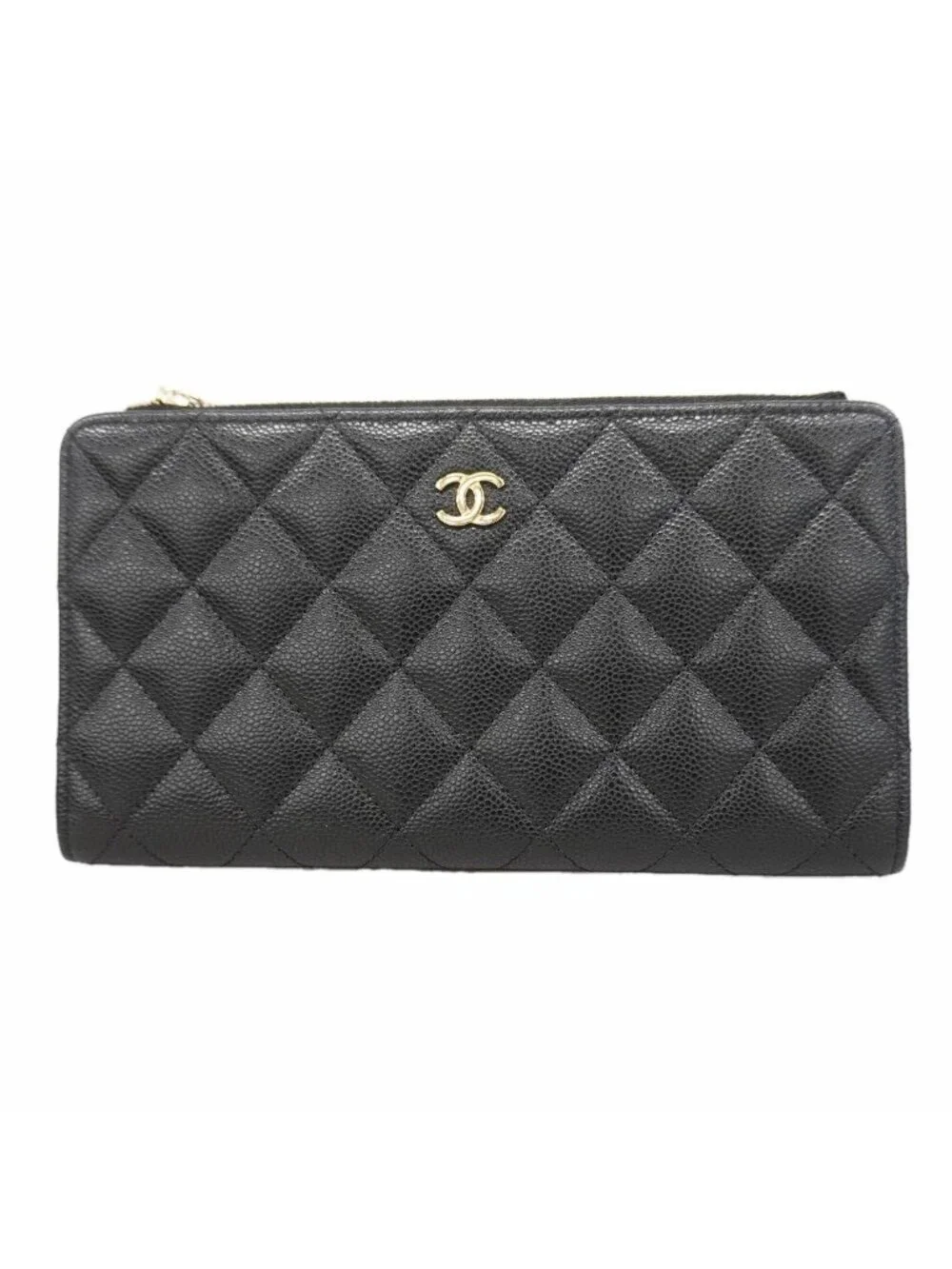 Chanel Wallet Quilted Caviar Leather Black Champagne Gold