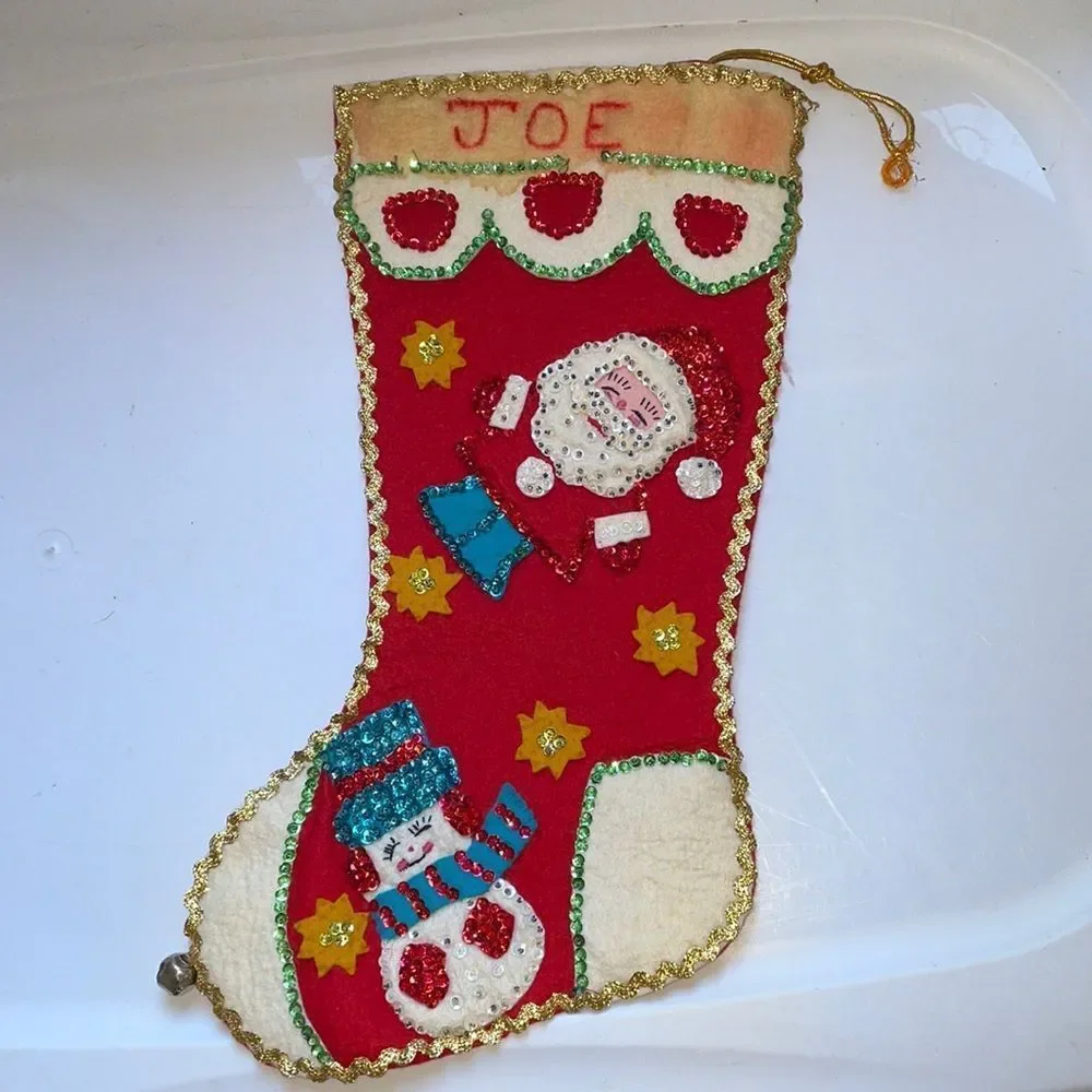 Vintage sequined felt Christmas stocking with‎ Santa Claus & a snowman