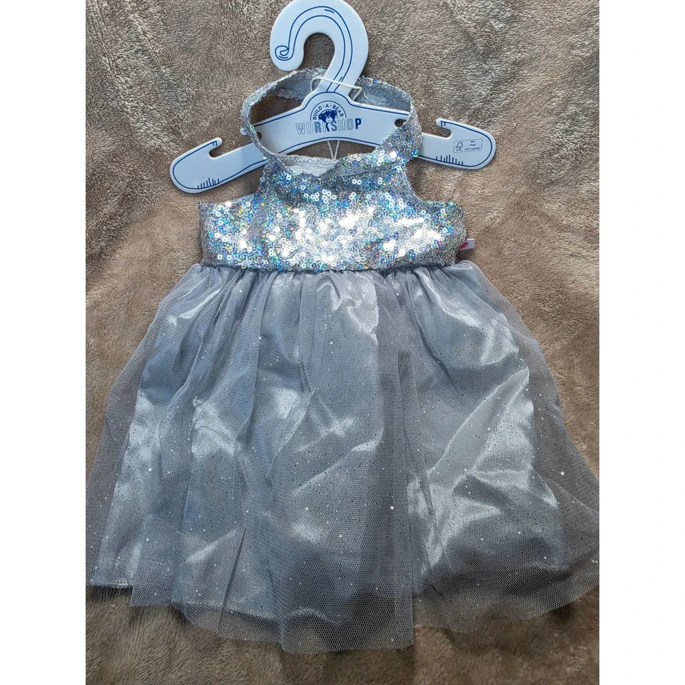 Build-A-Bear Workshop Silver Sequin Tulle Dress and Gemstone Bow Shoes Set