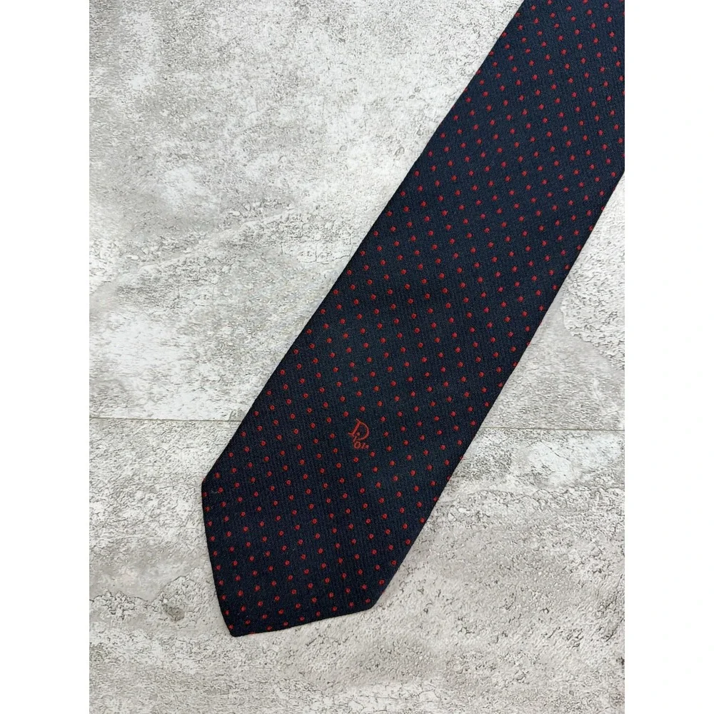 Christian Dior Tie Men OS Blue Red Polka Dot Silk Blend Embroidered Logo Vintage