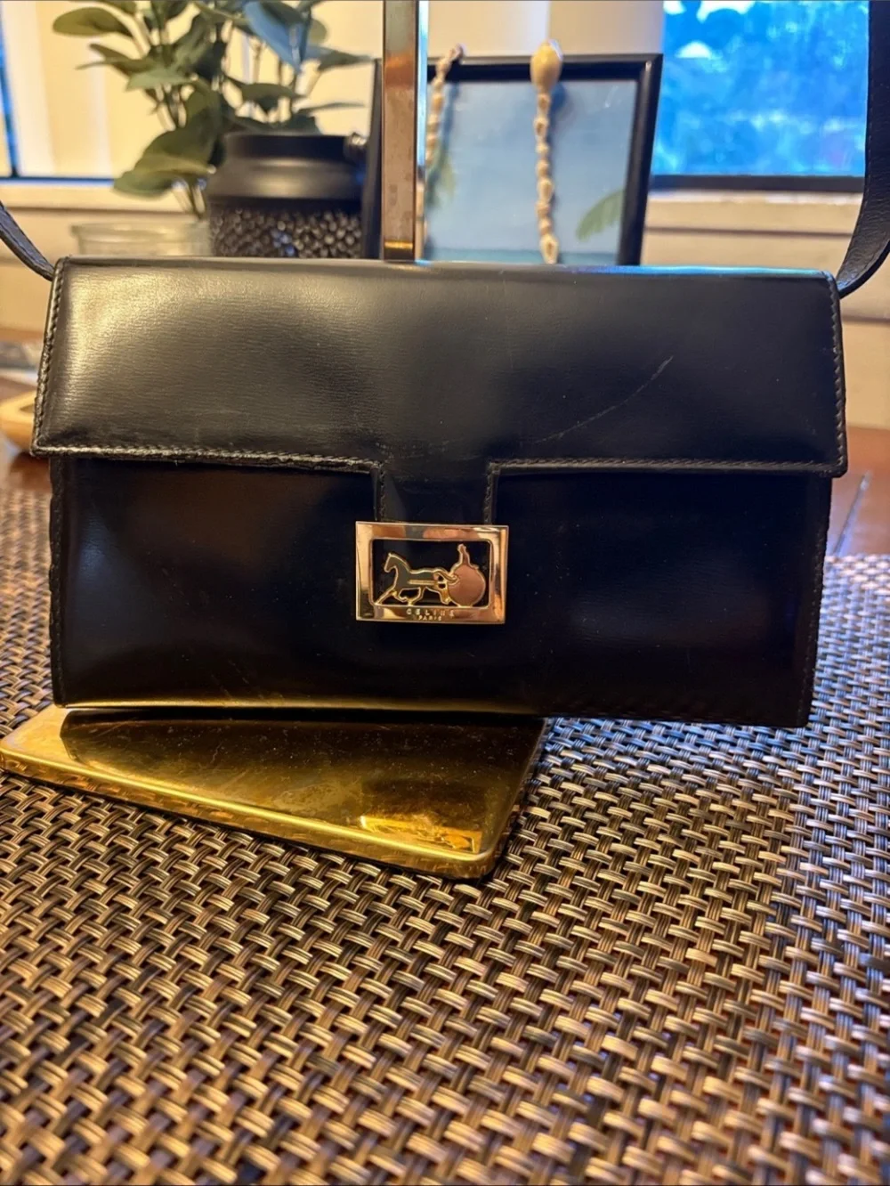 Celine Black Horse Carriage Leather Shoulder Bag with adjustable strap