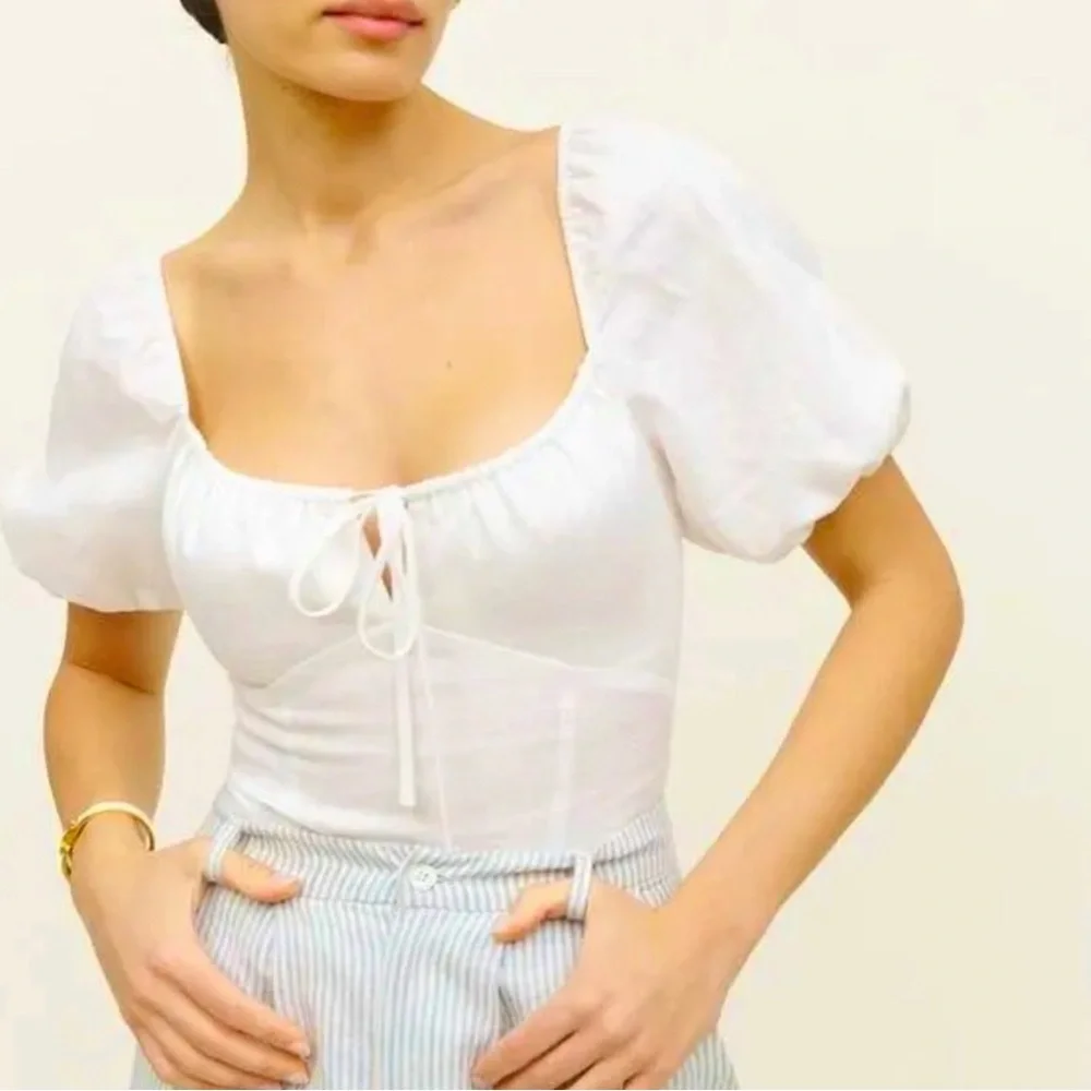 Reformation Rory White Puff Sleeve Tie Front Top